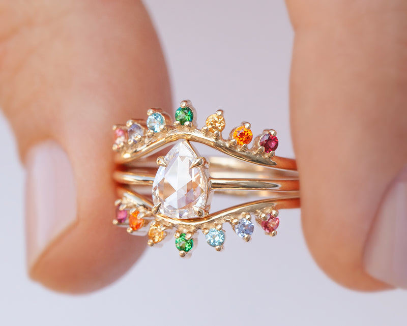 14-Karat Yellow Gold 0.52-Carat Rose Cut Pear Diamond Solitaire Engagement Ring Holding with Two Rainbow Vera Bands