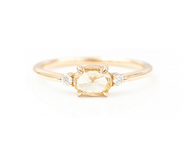 14-Karat Yellow Gold 0.51-Carat Rose Cut Oval Yellow Diamond Engagement Ring with Two Side Stone Diamonds