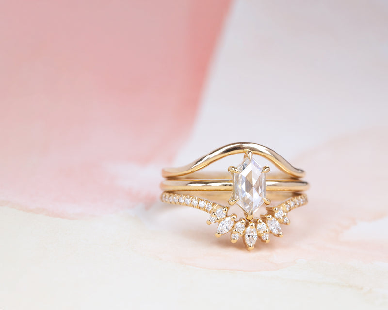 14-Karat Yellow Gold 0.47-Carat Rose Cut Hexagon Solitaire Engagement Ring with Shay and Petite Blossom with Pavé Band