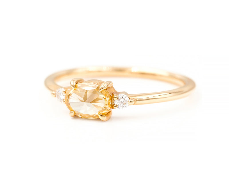 14-Karat Yellow Gold 0.51-Carat Rose Cut Oval Yellow Diamond Engagement Ring with Two Side Stone Diamonds 3/4 view