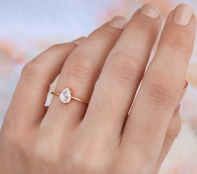14-Karat Yellow Gold 0.52-Carat Rose Cut Pear Diamond Solitaire Engagement Ring on Hand