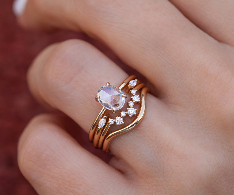 0.60 carat rose cut oval diamond 14k yellow gold solitaire with petite ivy ring original aster ring and shay band