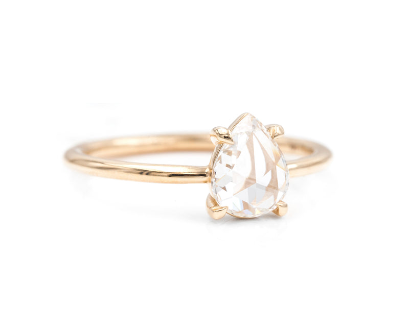 0.61-Carat rose cut pear diamond yellow gold solitaire 3/4 view