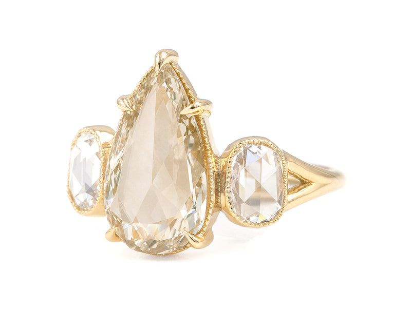 1.70-Carat Rose Cut Pear Diamond Three Stone Ring