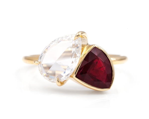 Rose Cut Diamond and Ruby Toi et Moi Ring