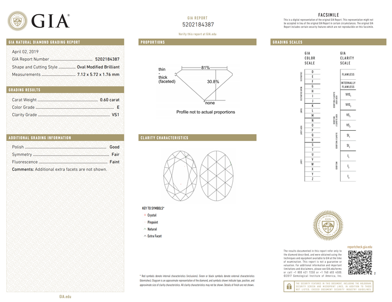 GIA report for 0.60 carat e color vs1 clarity oval modified brilliant diamond
